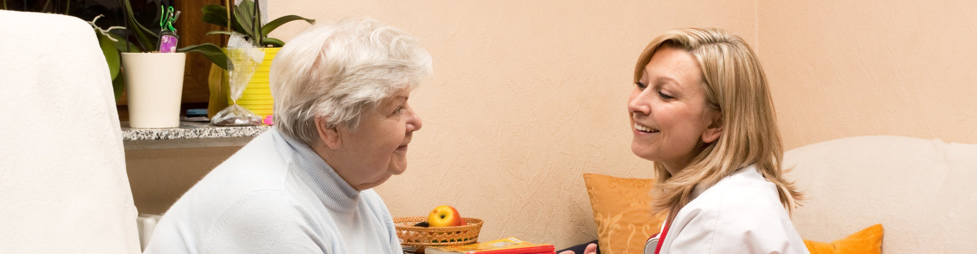 Senior woman and nurse talking each other